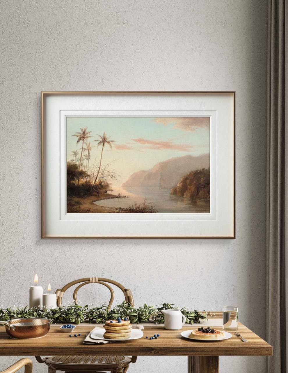 Framed tropical landscape art of a serene creek at sunset. The painting shows lush greenery, palm trees, and a tranquil river, adding a warm, calming vibe to the dining area