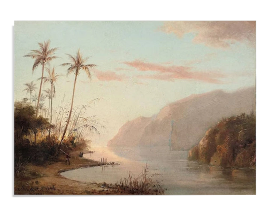 Peaceful landscape of a tropical creek at sunset. Palm trees stand tall by the water's edge, with soft mountains in the distance. The calm scene captures nature's beauty and tranquility