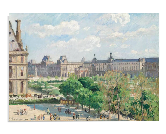 Impressionist painting of a vibrant Paris square, filled with greenery and people strolling. In the background, historic buildings stand against a bright, partly cloudy sky