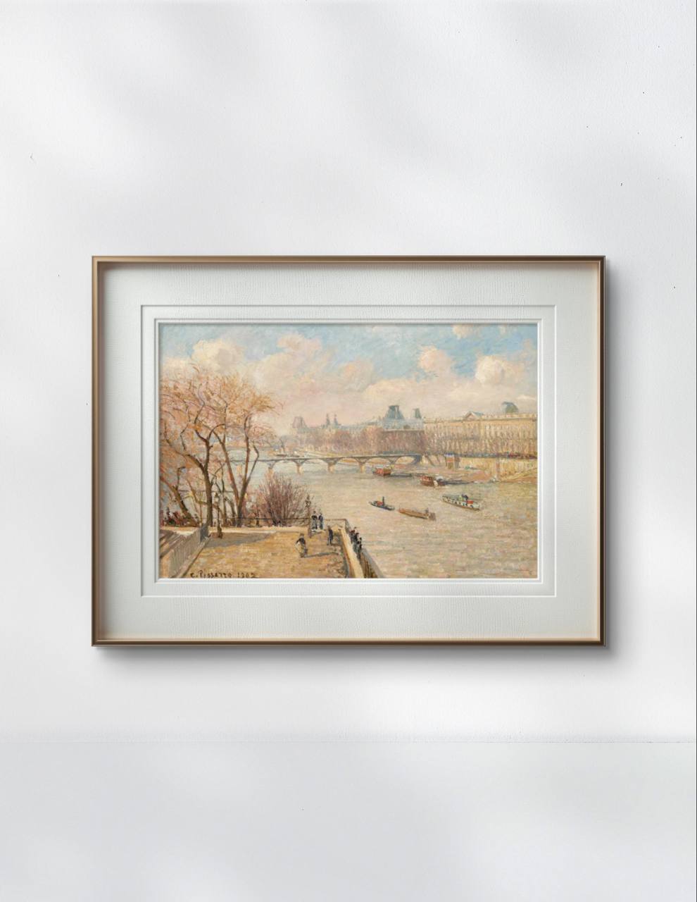 Framed artwork of the Louvre as seen from the Pont Neuf. The painting shows boats on the Seine and a view of Paris' historic architecture, adding a touch of elegance and charm to any wall