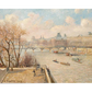 Impressionist painting of the Louvre seen from the Pont Neuf bridge. Boats float on the Seine while people stroll along the riverbank, framed by trees with delicate branches under a bright, cloudy sky
