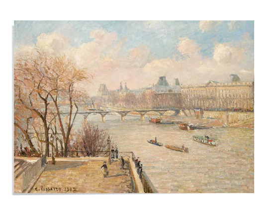 Impressionist painting of the Louvre seen from the Pont Neuf bridge. Boats float on the Seine while people stroll along the riverbank, framed by trees with delicate branches under a bright, cloudy sky