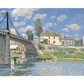 Impressionist painting of a peaceful river scene with a bridge crossing over. Small boats float near the water’s edge, and sunlight illuminates the houses and greenery under a bright blue sky.