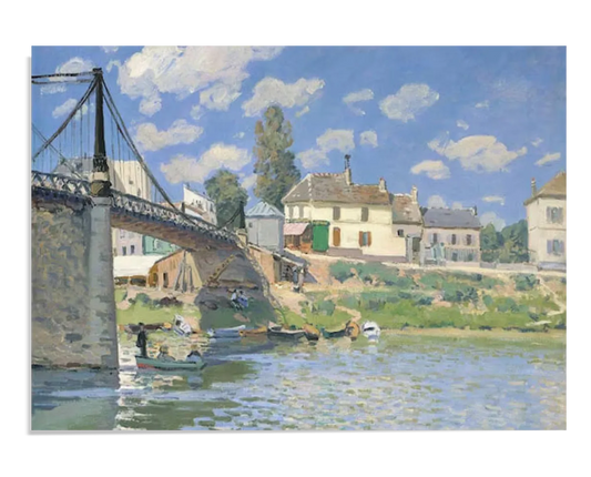 Impressionist painting of a peaceful river scene with a bridge crossing over. Small boats float near the water’s edge, and sunlight illuminates the houses and greenery under a bright blue sky.