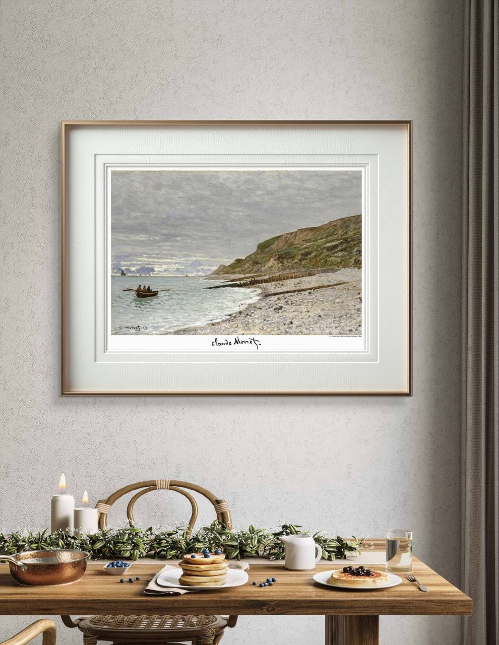 Framed Monet artwork showing a peaceful beach and boat scene, adding a sense of calm and relaxation to the home office. The delicate brushstrokes and coastal scenery enhance the room’s tranquil atmosphere