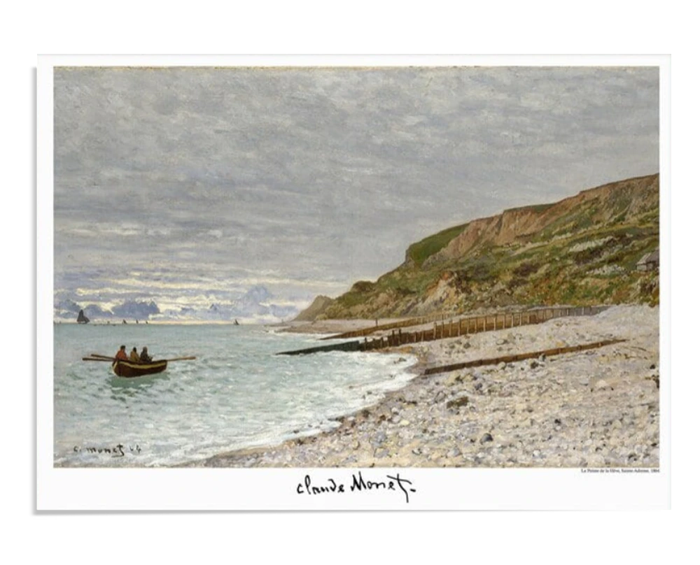 Serene coastal scene by Claude Monet, showing a small boat with figures rowing near the shore. The rocky beach and green cliffs meet a cloudy sky, capturing the calm and peaceful atmosphere of the sea