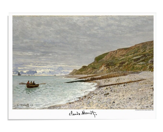 Serene coastal scene by Claude Monet, showing a small boat with figures rowing near the shore. The rocky beach and green cliffs meet a cloudy sky, capturing the calm and peaceful atmosphere of the sea