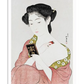 Elegant Japanese artwork featuring a woman in a traditional kimono, gently applying powder to her face. The delicate lines and soft colors create a serene and graceful image
