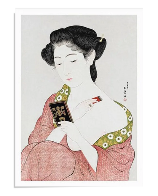 Elegant Japanese artwork featuring a woman in a traditional kimono, gently applying powder to her face. The delicate lines and soft colors create a serene and graceful image