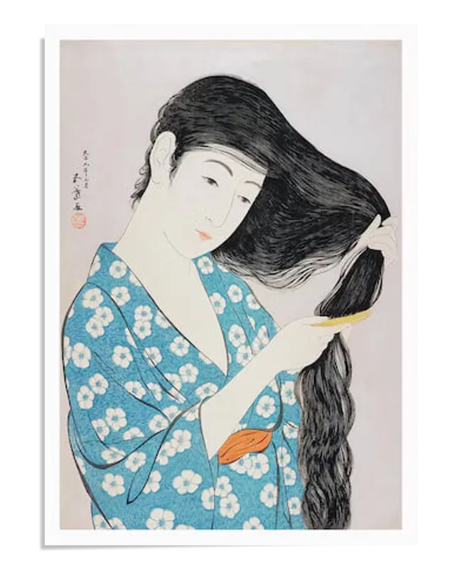 Beautiful Japanese artwork of a woman in a blue floral kimono, gently combing her long black hair. The delicate lines and soft colors convey elegance and grace