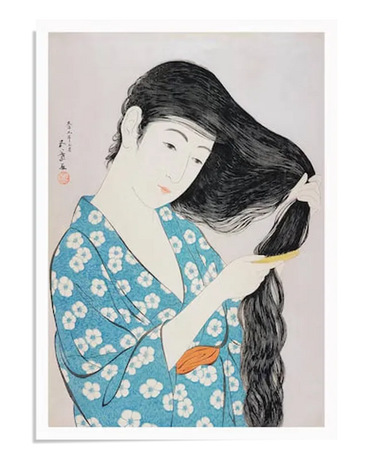 Beautiful Japanese artwork of a woman in a blue floral kimono, gently combing her long black hair. The delicate lines and soft colors convey elegance and grace