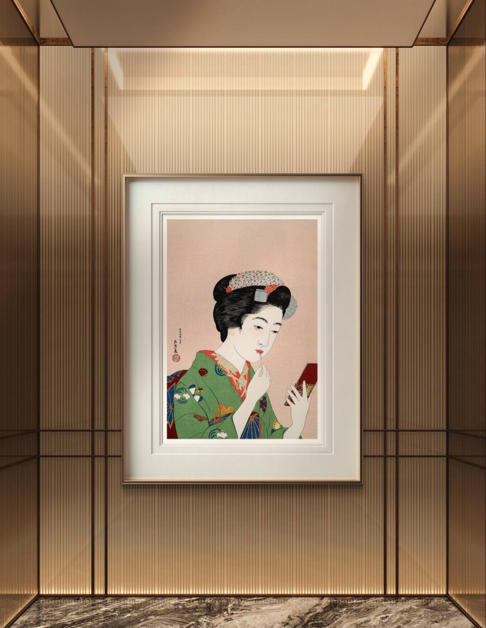 Framed print of a Japanese woman in a green kimono, applying makeup. The vibrant yet delicate illustration adds a touch of traditional elegance to this modern interior.