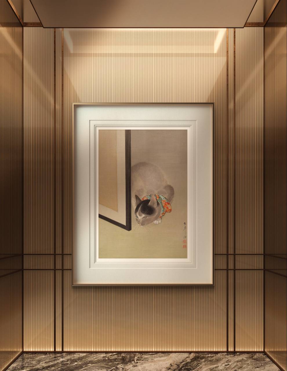 Framed print of a Japanese-style cat illustration, capturing a serene and elegant atmosphere. The soft tones and detailed depiction of the cat make it a charming addition to any room