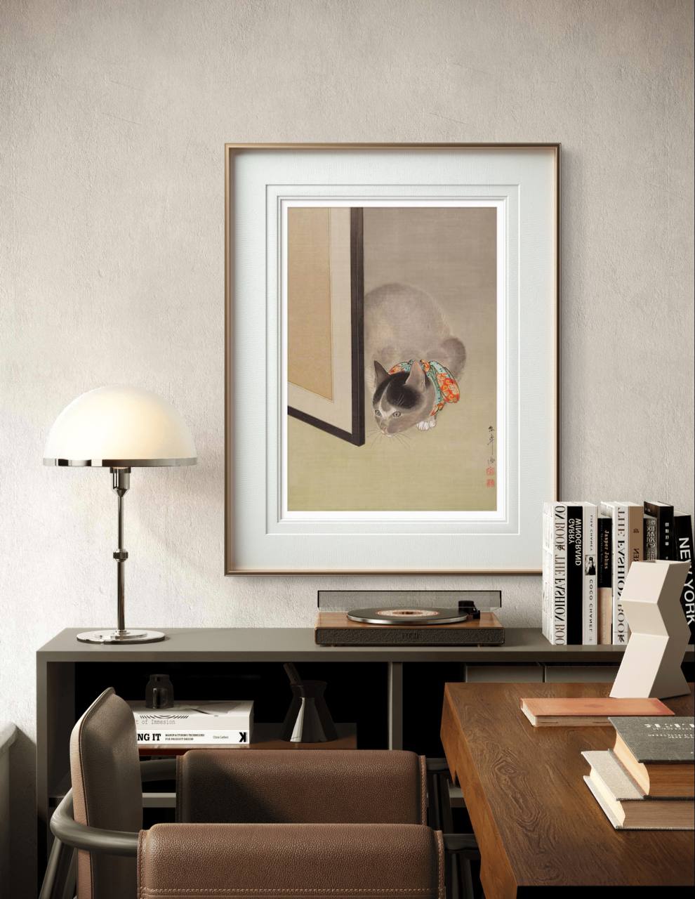 Framed artwork of a cat peeking behind a door, adding a touch of playfulness to this stylish home office. The delicate Japanese illustration brings both warmth and elegance to the decor