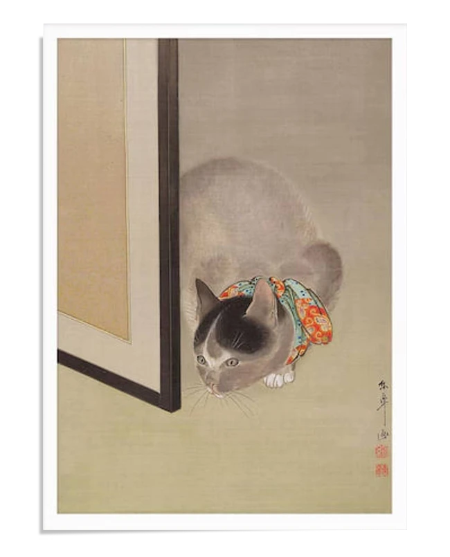 Japanese artwork of a curious cat peeking from behind a sliding door, wearing a colorful patterned fabric. The minimalist background enhances the cat’s graceful yet playful posture