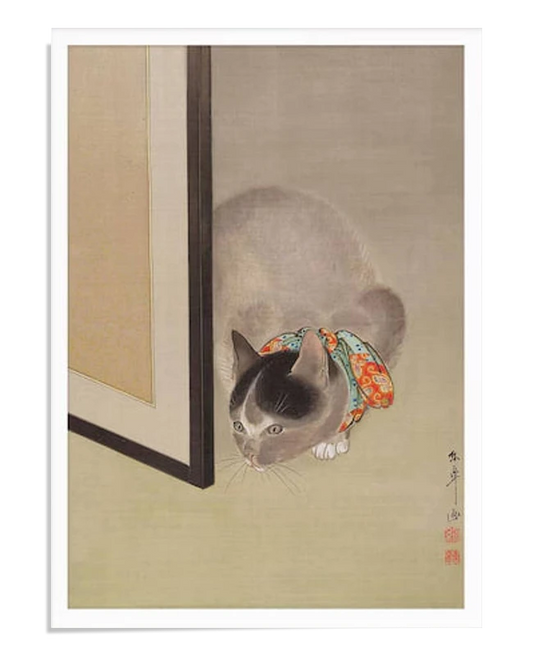 Japanese artwork of a curious cat peeking from behind a sliding door, wearing a colorful patterned fabric. The minimalist background enhances the cat’s graceful yet playful posture