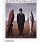 A man in a black suit and bowler hat stands between a large red bird and an oversized fish. The sky is grey and the ground is earthy. The word 'Surrealism' appears at the top