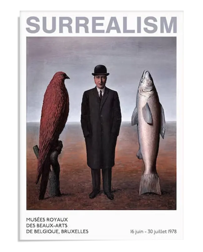 A man in a black suit and bowler hat stands between a large red bird and an oversized fish. The sky is grey and the ground is earthy. The word 'Surrealism' appears at the top