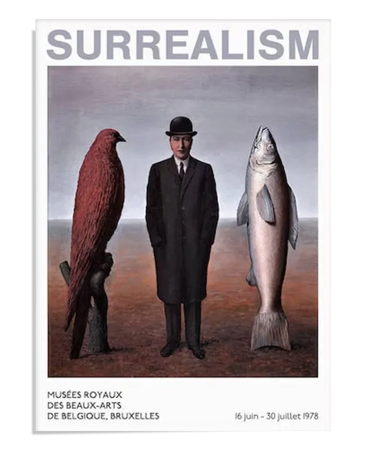 A man in a black suit and bowler hat stands between a large red bird and an oversized fish. The sky is grey and the ground is earthy. The word 'Surrealism' appears at the top