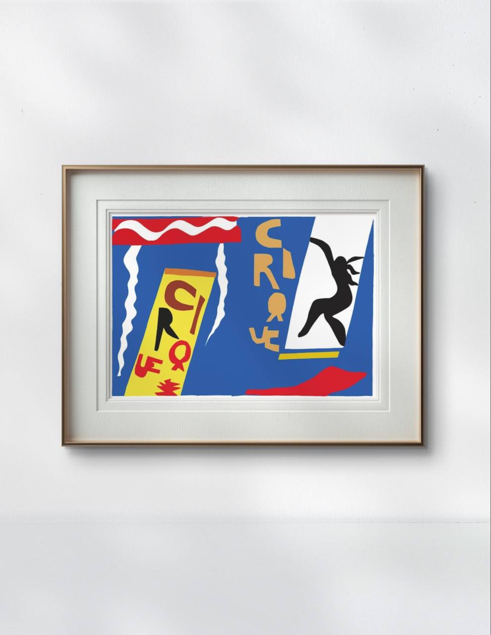 A framed poster with bold, colorful abstract shapes, including the word 'Cirque' in gold. The artwork features a dancing figure on a blue background, hanging on a plain white wall