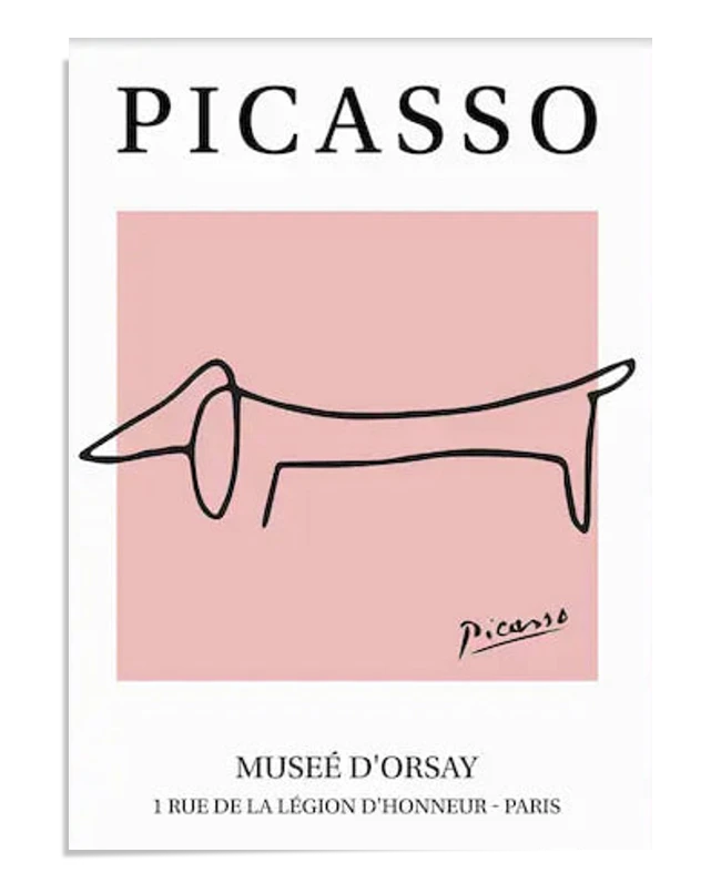 A minimalist line drawing of a dachshund by Picasso, set against a pink square background. The word 'Picasso' is at the top, and the exhibition information is below