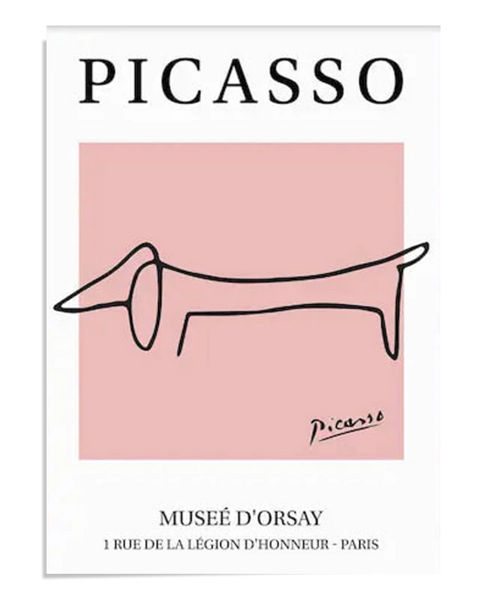 A minimalist line drawing of a dachshund by Picasso, set against a pink square background. The word 'Picasso' is at the top, and the exhibition information is below