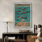 A framed vintage RAF poster showing different military aircraft from WWII. The bold teal background and historical planes add a retro touch to the modern room