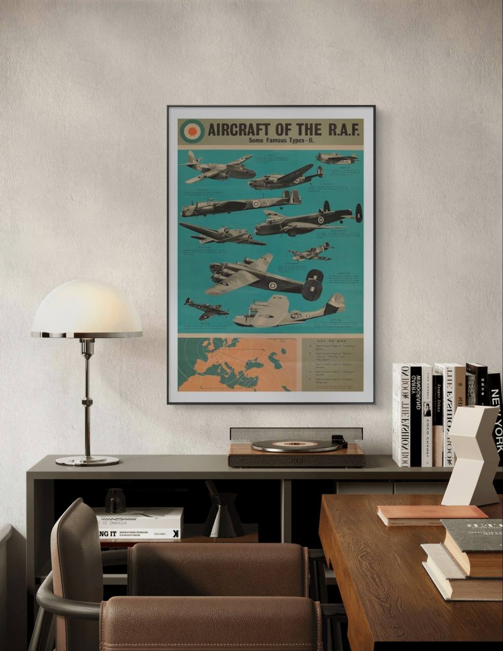 A framed vintage RAF poster showing different military aircraft from WWII. The bold teal background and historical planes add a retro touch to the modern room