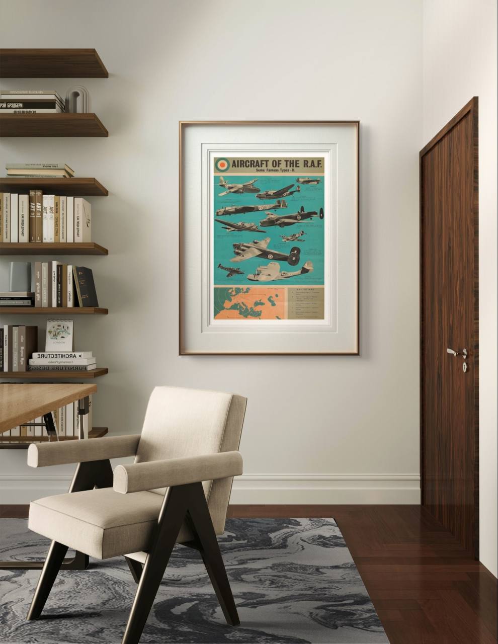 A framed RAF aircraft poster hangs in a minimalist office. The military planes, set against a teal background, bring a nostalgic feel to the contemporary decor.