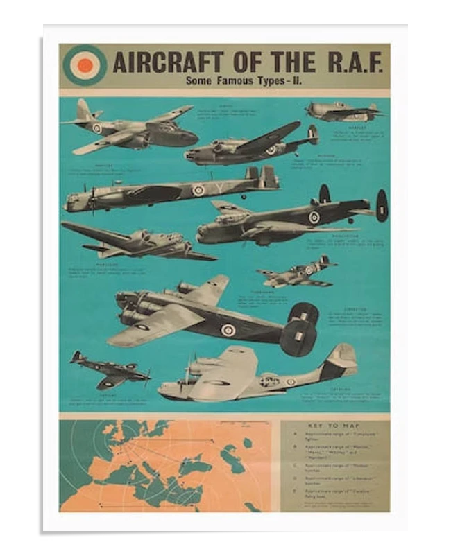 Vintage poster showcasing various aircraft of the Royal Air Force during WWII. The planes are displayed on a teal background with a map at the bottom. The title reads 'Aircraft of the R.A.F