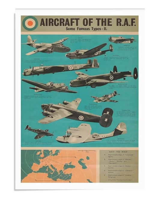 Vintage poster showcasing various aircraft of the Royal Air Force during WWII. The planes are displayed on a teal background with a map at the bottom. The title reads 'Aircraft of the R.A.F