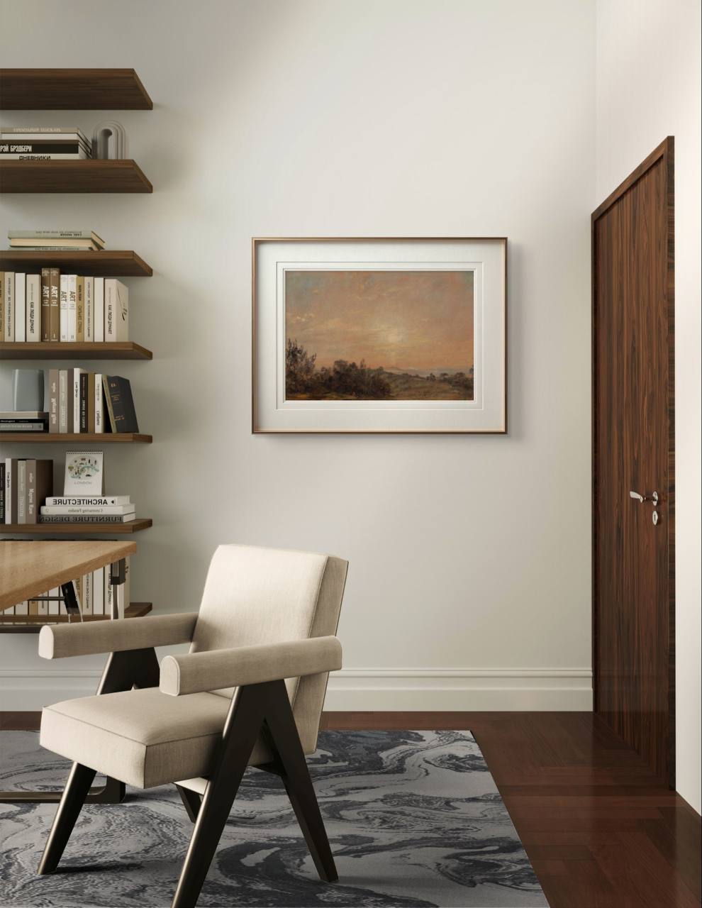 A framed painting of a serene landscape by John Constable hangs on a neutral-colored wall. The soft colors of the sunset over the hills bring a calming atmosphere to the room