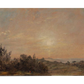 A soft, muted landscape painting by John Constable depicting trees, rolling hills, and a distant sunset. The warm tones of the sky blend with the earthy colors of the countryside