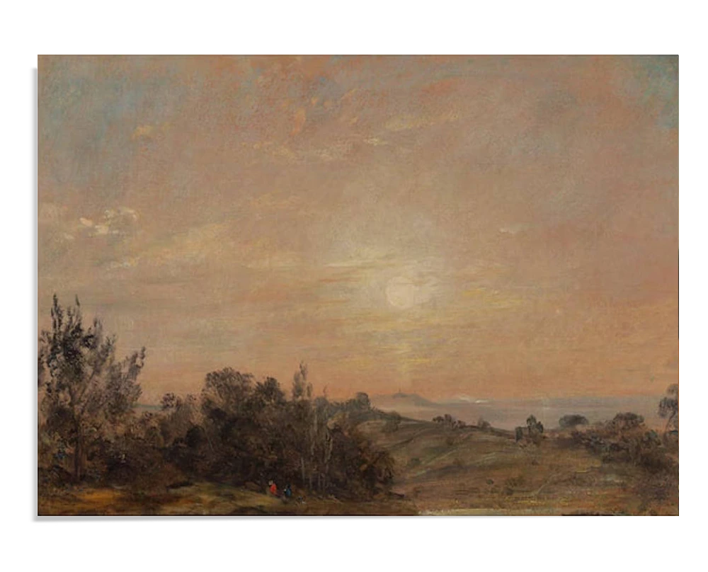 A soft, muted landscape painting by John Constable depicting trees, rolling hills, and a distant sunset. The warm tones of the sky blend with the earthy colors of the countryside