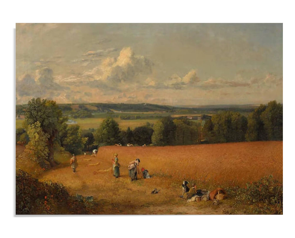 A serene wheat field landscape by John Constable, featuring workers harvesting in the foreground. The rolling hills and cloudy sky create a peaceful rural scene.