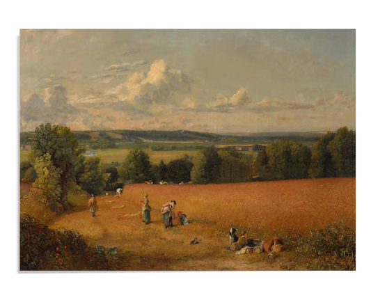 A serene wheat field landscape by John Constable, featuring workers harvesting in the foreground. The rolling hills and cloudy sky create a peaceful rural scene.