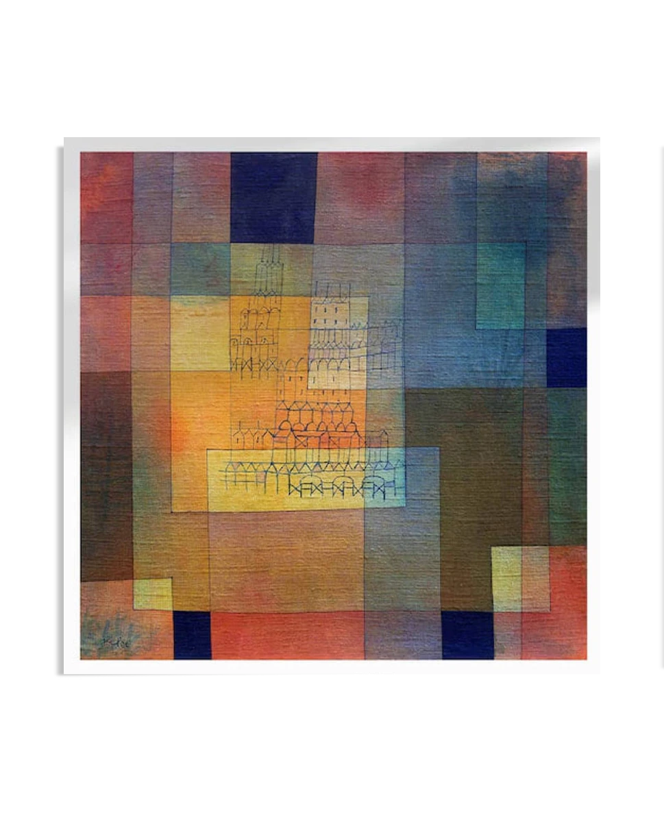 An abstract artwork by Paul Klee featuring geometric blocks in shades of red, orange, blue, and yellow. Delicate architectural forms appear subtly within the vibrant, textured composition.