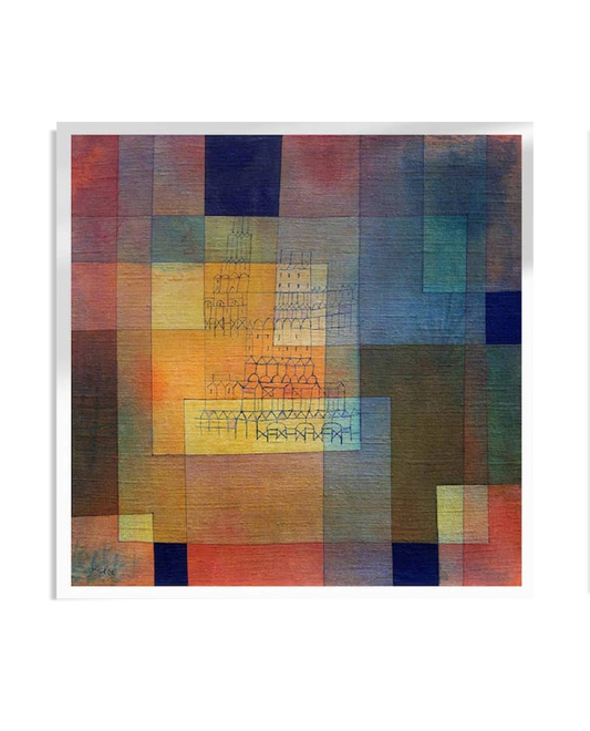 An abstract artwork by Paul Klee featuring geometric blocks in shades of red, orange, blue, and yellow. Delicate architectural forms appear subtly within the vibrant, textured composition.