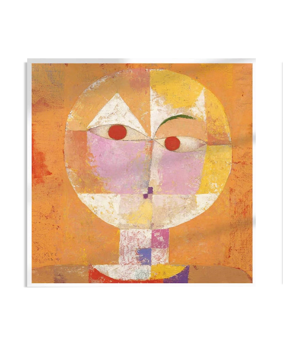 An abstract portrait by Paul Klee titled 'Senecio.' The face is composed of geometric shapes in warm tones of orange, red, yellow, and pink, with striking red eyes and a minimalist expression