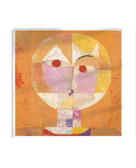 An abstract portrait by Paul Klee titled 'Senecio.' The face is composed of geometric shapes in warm tones of orange, red, yellow, and pink, with striking red eyes and a minimalist expression