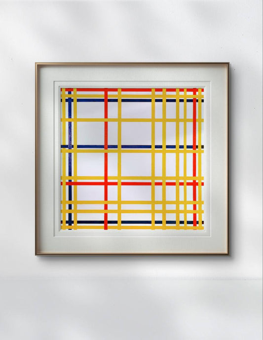 A framed Mondrian-style abstract artwork hangs in a contemporary office space. The vibrant grid of colorful lines brings a sense of structure and order to the room.