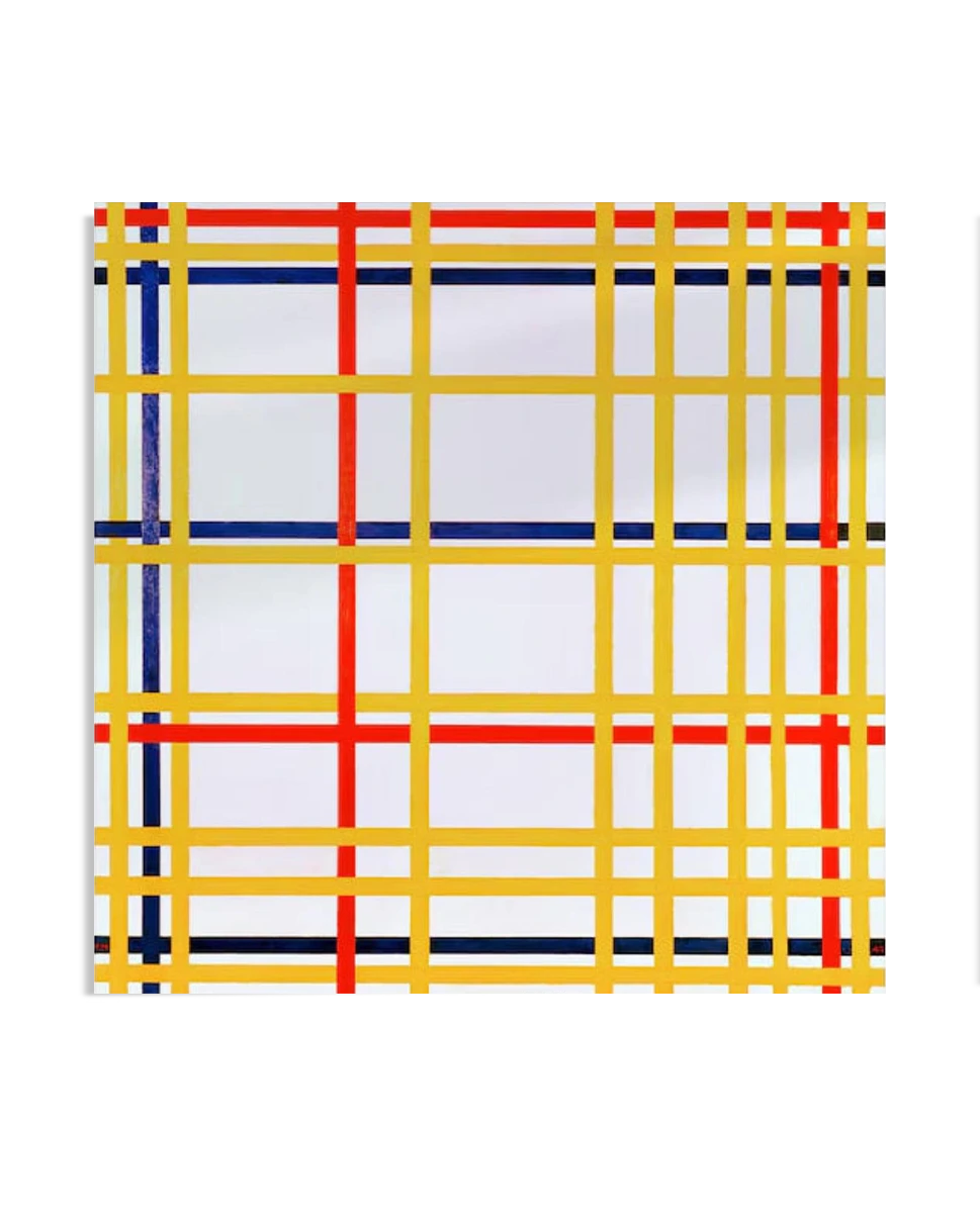 An abstract artwork in the style of Piet Mondrian, featuring a grid of intersecting yellow, red, and blue lines. The bold, geometric composition contrasts against a white background.