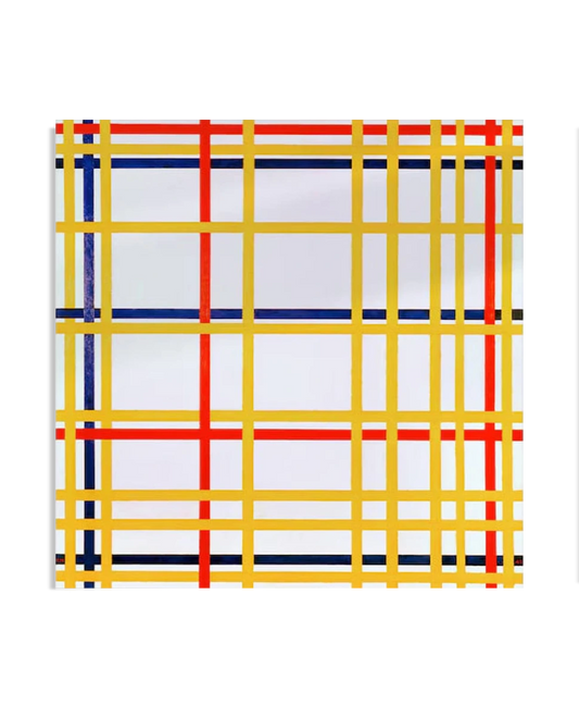 An abstract artwork in the style of Piet Mondrian, featuring a grid of intersecting yellow, red, and blue lines. The bold, geometric composition contrasts against a white background.