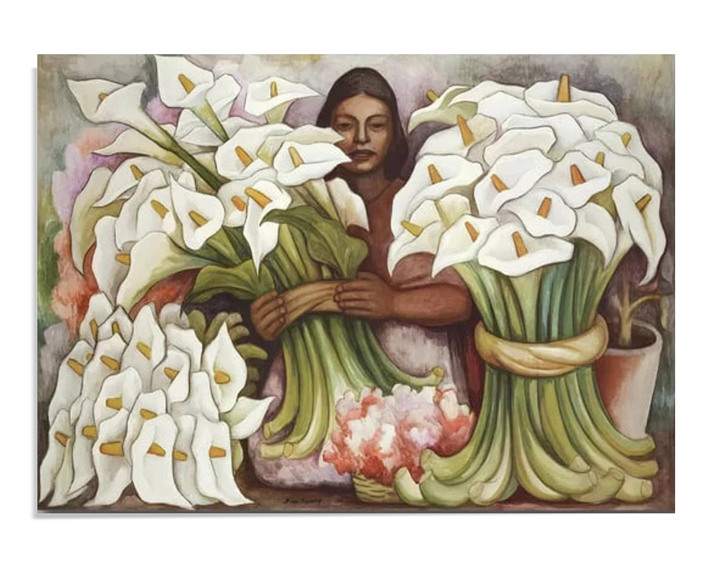A vibrant painting of a woman holding large bundles of white calla lilies. Her expression is calm and focused, surrounded by soft, flowing flowers with rich green stems.