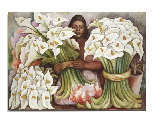 A vibrant painting of a woman holding large bundles of white calla lilies. Her expression is calm and focused, surrounded by soft, flowing flowers with rich green stems.