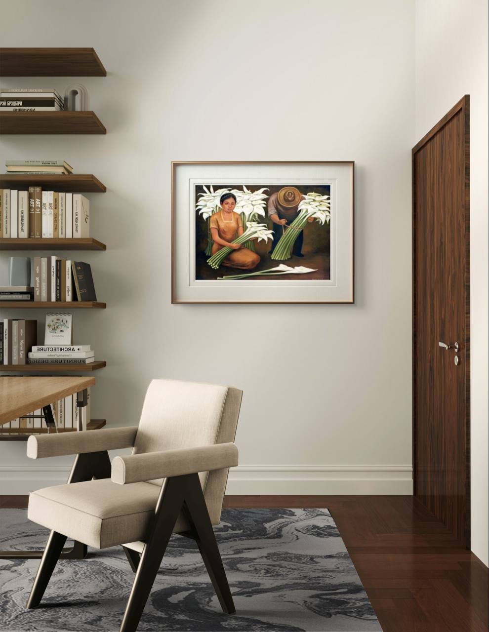 The framed artwork of "The Flower Seller" hangs on a light-colored wall in a modern room. The room is decorated with a beige armchair, shelves with books, and a calm, minimalist ambiance.