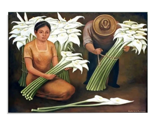 A painting of a woman sitting with large bundles of white calla lilies in her lap, while a man in a hat arranges more flowers. The scene reflects a humble, traditional flower-selling activity.