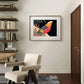 This detailed Japanese print of a golden pheasant is framed above a sleek desk. The vivid bird and soft background blend well with the contemporary room, adding a touch of culture and nature.