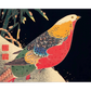 A vibrant golden pheasant with bright red, yellow, and blue feathers perches gracefully against a dark background, contrasting with snow-dusted branches and traditional Japanese symbols in red.

