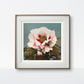 First Image: A framed artwork of a large pink peony flower with soft petals and red accents at the center, set against a muted teal background. The green leaves add contrast to the delicate flower. The gold and white frame gives it a vintage look